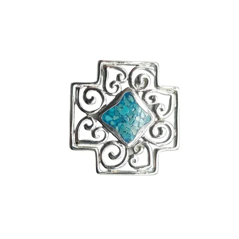 Trifari Turquoise Chip Southwestern Maltese Cross Brooch Pin Silver Tone VTG